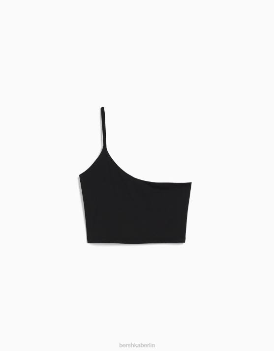 Schwarz Bershka Frauen asymmetrisches Crop-Top mit Träger H00J750
