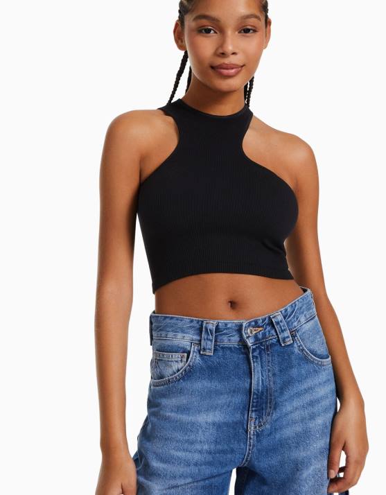 Schwarz Bershka Frauen asymmetrisches, nahtloses Oberteil H00J876