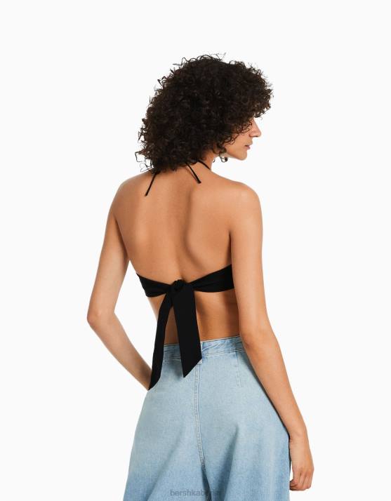 Schwarz Bershka Frauen gebundenes Neckholder-Top H00J881