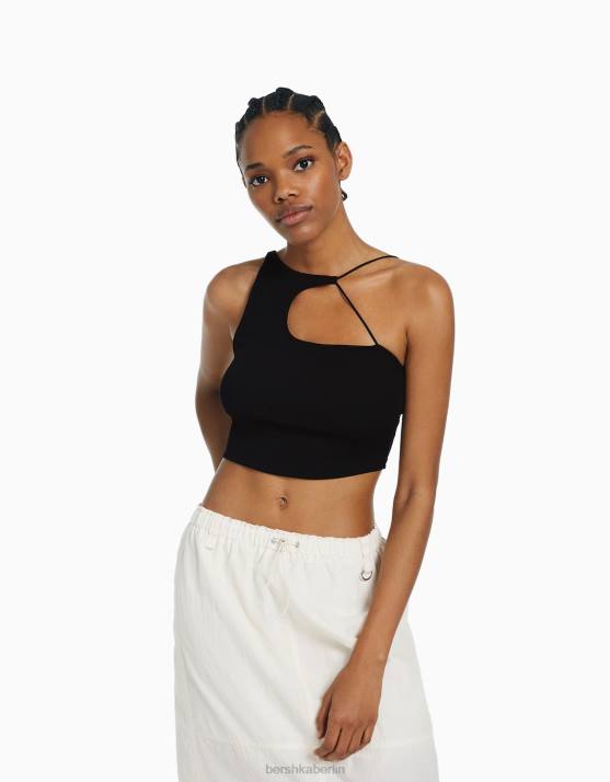 Schwarz Bershka Frauen Ärmelloses, asymmetrisches Crop-Top H00J707
