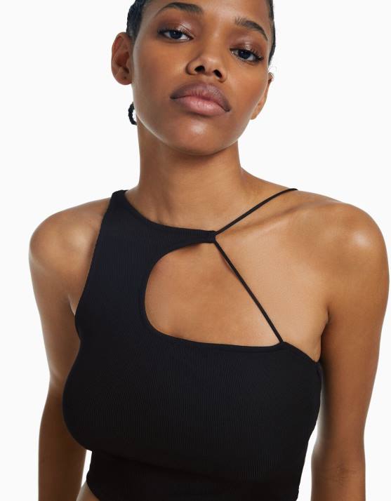Schwarz Bershka Frauen Ärmelloses, asymmetrisches Crop-Top H00J707