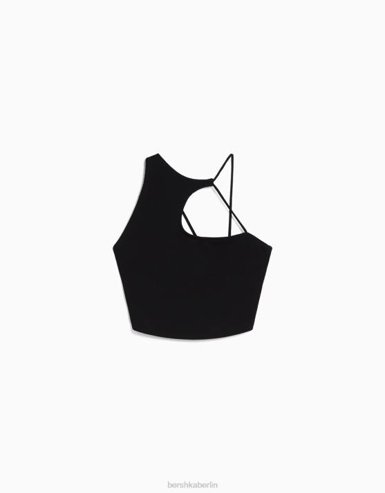 Schwarz Bershka Frauen Ärmelloses, asymmetrisches Crop-Top H00J707