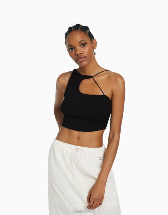 Schwarz Bershka Frauen Ärmelloses, asymmetrisches Crop-Top H00J711