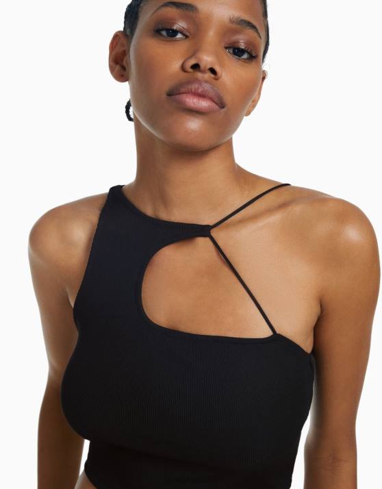 Schwarz Bershka Frauen Ärmelloses, asymmetrisches Crop-Top H00J711