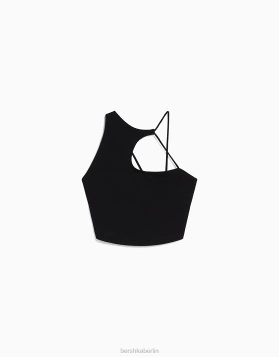 Schwarz Bershka Frauen Ärmelloses, asymmetrisches Crop-Top H00J711