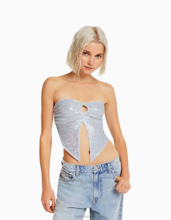 Silber Bershka Frauen Glänzendes Bandeau-Top mit Cut-out-Detail und Bindeband H00J739