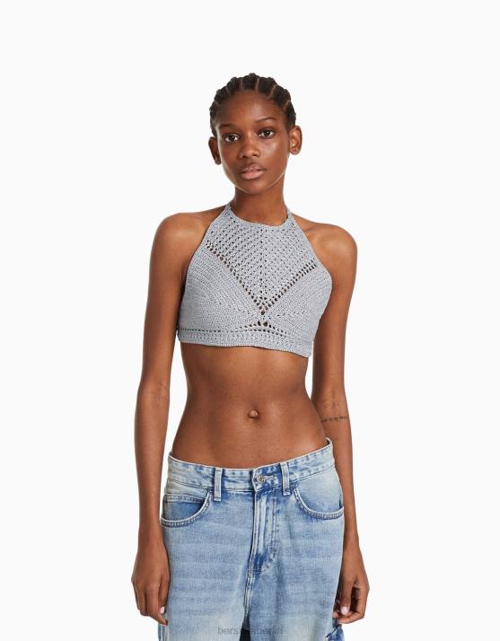 Silber Bershka Frauen Neckholder-Top mit Strasssteinen H00J839