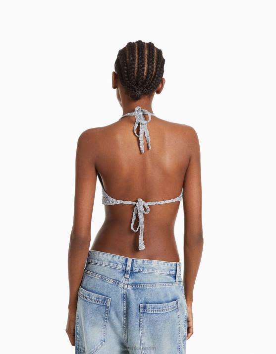 Silber Bershka Frauen Neckholder-Top mit Strasssteinen H00J839