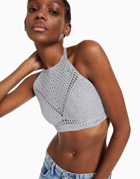 Silber Bershka Frauen Neckholder-Top mit Strasssteinen H00J839