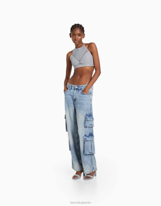 Silber Bershka Frauen Neckholder-Top mit Strasssteinen H00J839