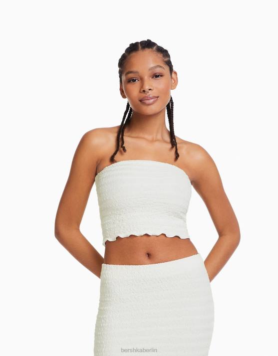 Weiss Bershka Frauen Bandeau-Oberteil aus Waffelstrick H00J859