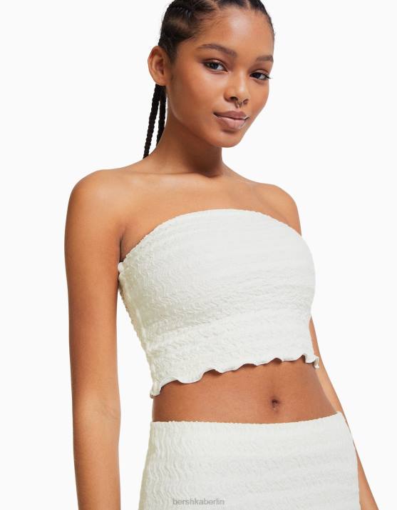 Weiss Bershka Frauen Bandeau-Oberteil aus Waffelstrick H00J859