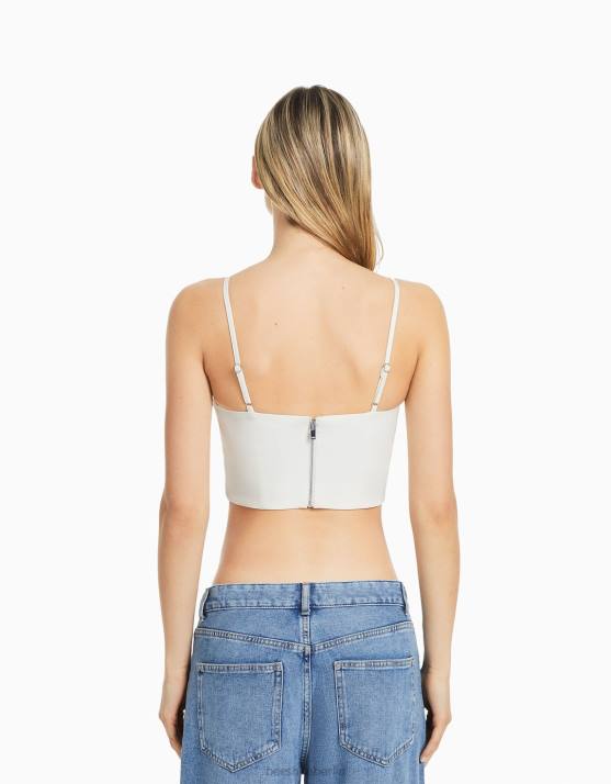 Weiss Bershka Frauen Korsett-Oberteil mit Trägern und juwelenbesetztem Detail H00J736