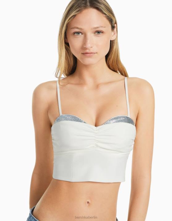 Weiss Bershka Frauen Korsett-Oberteil mit Trägern und juwelenbesetztem Detail H00J736