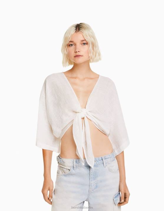 Weiss Bershka Frauen Kurzärmliges, rustikales Hemd H00J743