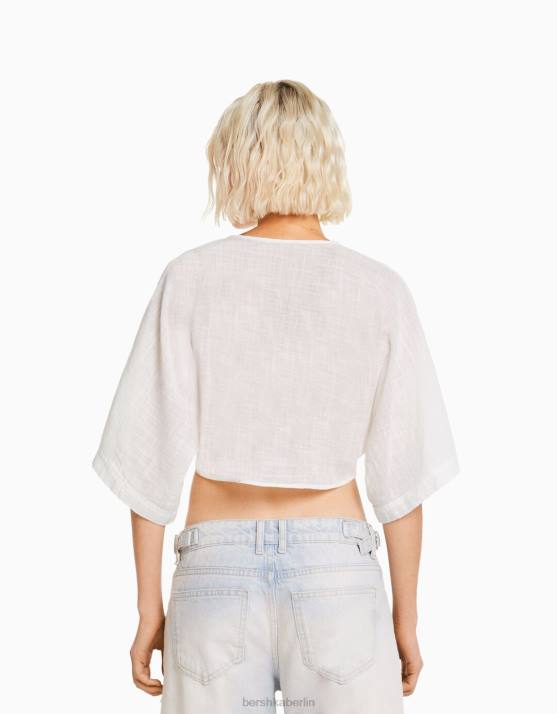 Weiss Bershka Frauen Kurzärmliges, rustikales Hemd H00J743