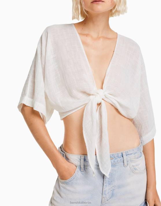 Weiss Bershka Frauen Kurzärmliges, rustikales Hemd H00J743