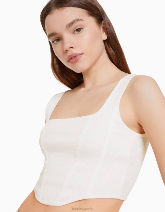 Weiss Bershka Frauen Kurzes Korsett-Oberteil aus Pointelle-Strick mit Trägern H00J892