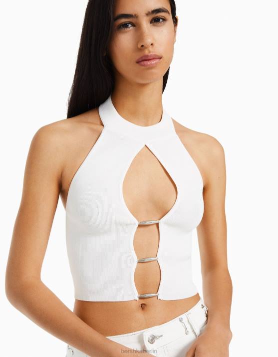 Weiss Bershka Frauen Neckholder-Top mit Strickdetail H00J760
