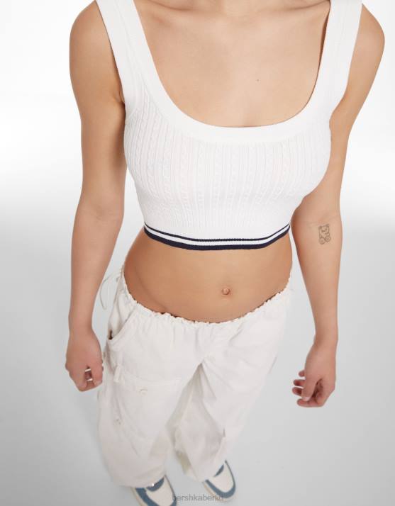 Weiss Bershka Frauen Oberteil mit Zopfmuster H00J896
