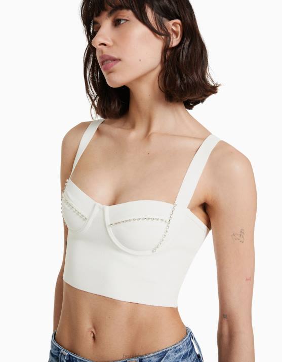 Weiss Bershka Frauen Riemchen-Oberteil aus Strick mit Juwelen H00J838