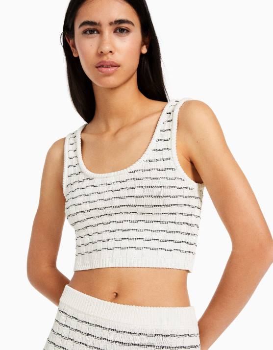 Weiss Bershka Frauen Stricktop mit breiten Trägern H00J844