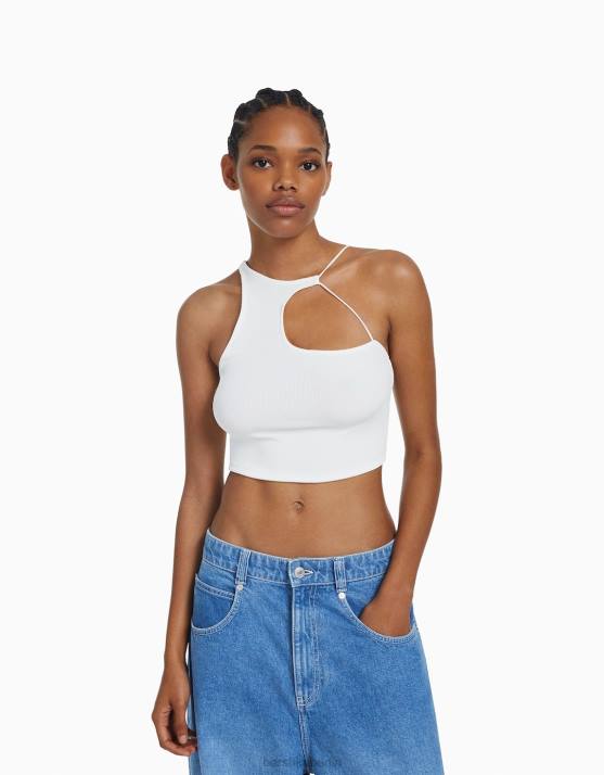 Weiss Bershka Frauen Ärmelloses, asymmetrisches Crop-Top H00J708