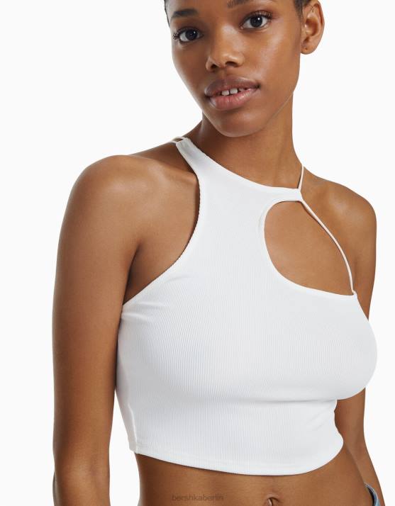 Weiss Bershka Frauen Ärmelloses, asymmetrisches Crop-Top H00J708