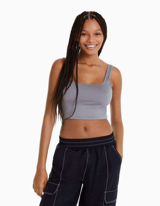 dunkelgrau Bershka Frauen Top mit breiten Trägern H00J800