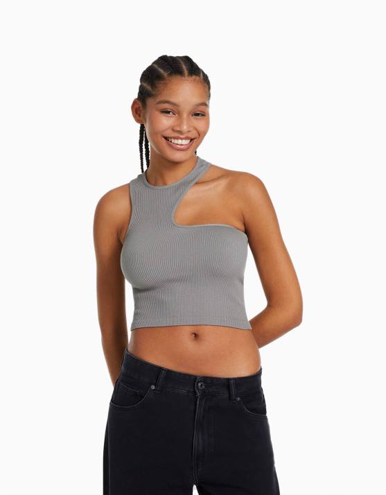 grau Bershka Frauen ärmelloses, nahtloses, asymmetrisches Oberteil H00J877