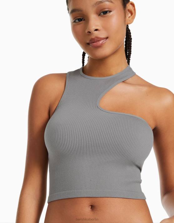 grau Bershka Frauen ärmelloses, nahtloses, asymmetrisches Oberteil H00J877