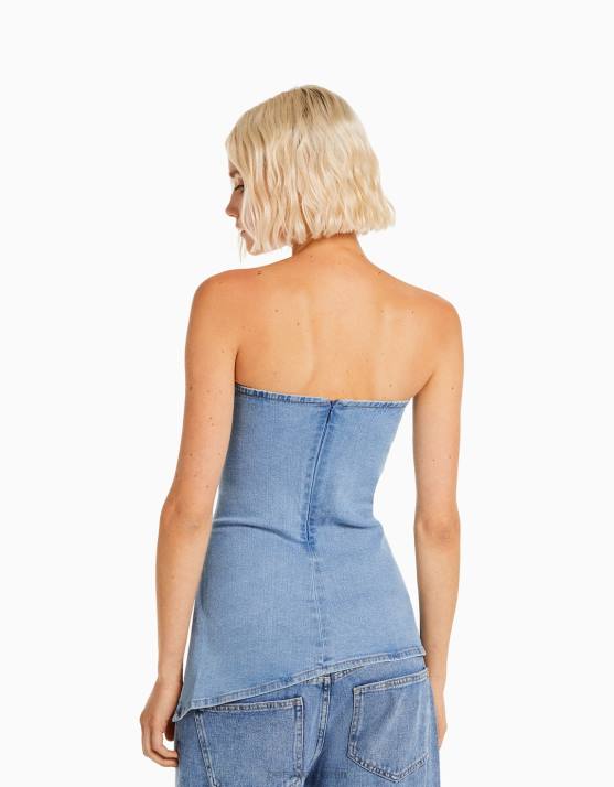 hellblau Bershka Frauen Denim-Bandeau-Top H00J712