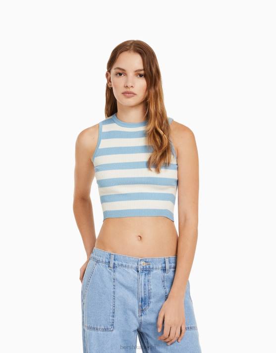 hellblau Bershka Frauen Gestreiftes, ärmelloses Strickoberteil H00J883