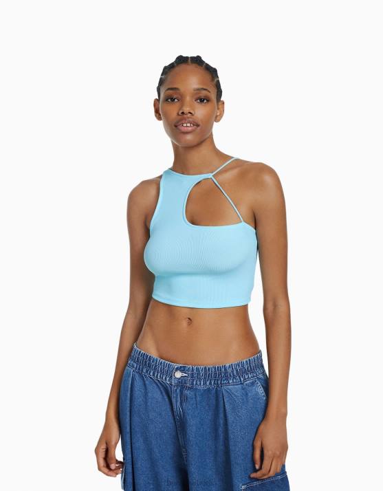 hellblau Bershka Frauen Ärmelloses, asymmetrisches Crop-Top H00J710