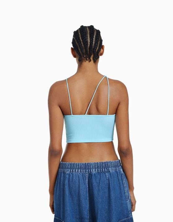 hellblau Bershka Frauen Ärmelloses, asymmetrisches Crop-Top H00J710