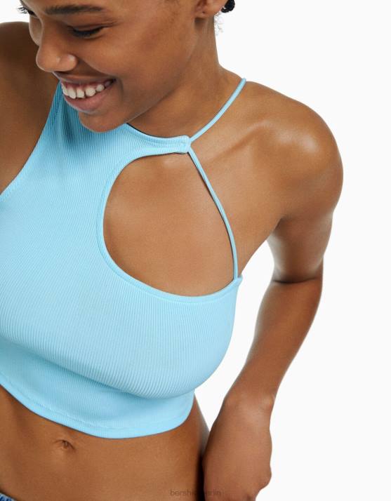 hellblau Bershka Frauen Ärmelloses, asymmetrisches Crop-Top H00J710