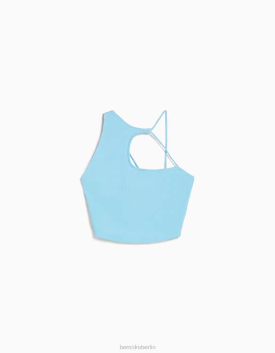 hellblau Bershka Frauen Ärmelloses, asymmetrisches Crop-Top H00J710