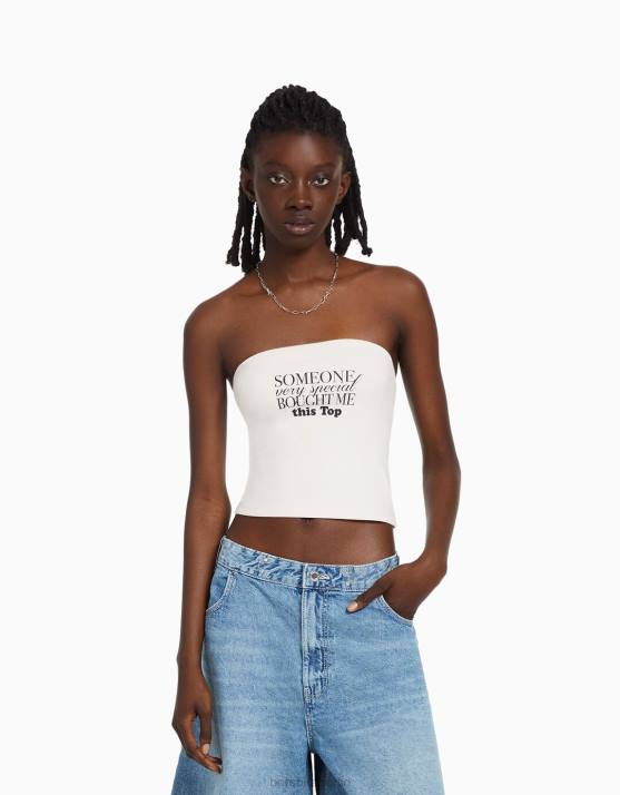 nicht-gerade weiss Bershka Frauen Bedrucktes Bandeau-Oberteil H00J886