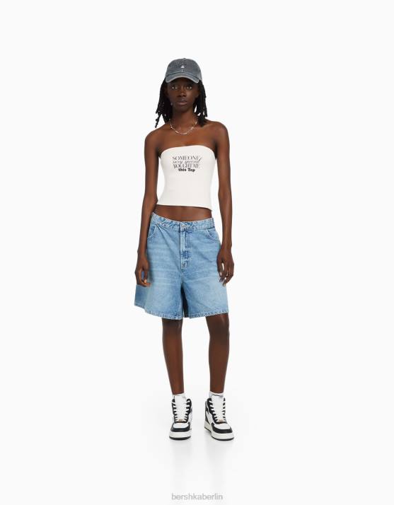 nicht-gerade weiss Bershka Frauen Bedrucktes Bandeau-Oberteil H00J886