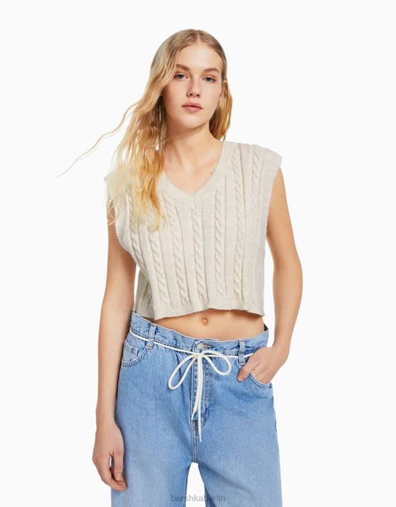 Creme Bershka Frauen Strickweste mit V-Ausschnitt H00J1051