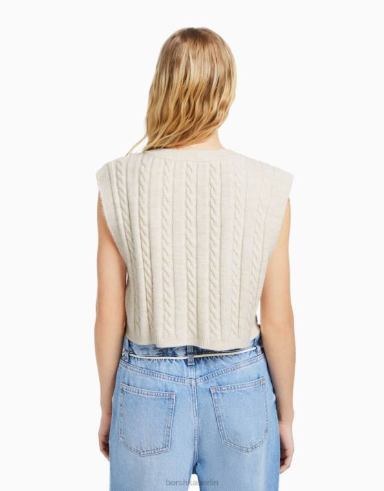 Creme Bershka Frauen Strickweste mit V-Ausschnitt H00J1051