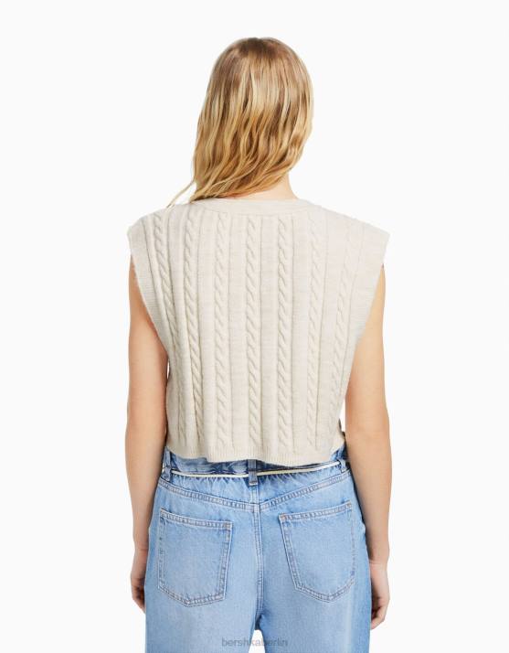 Creme Bershka Frauen Strickweste mit V-Ausschnitt H00J1052