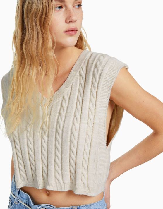 Creme Bershka Frauen Strickweste mit V-Ausschnitt H00J1052