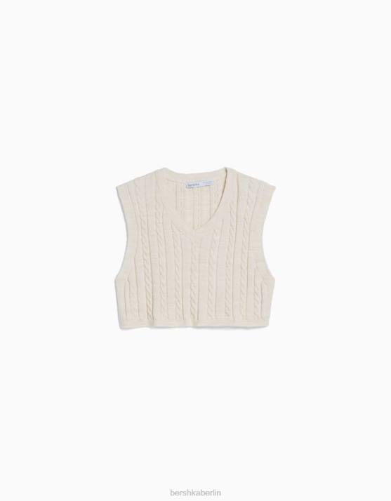Creme Bershka Frauen Strickweste mit V-Ausschnitt H00J1052
