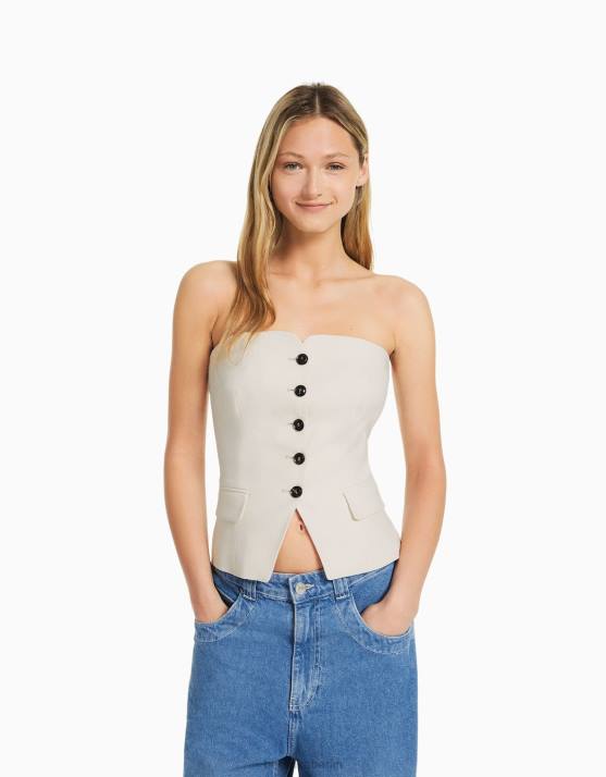 Creme Bershka Frauen maßgeschneiderte Weste mit freiliegenden Schultern H00J669