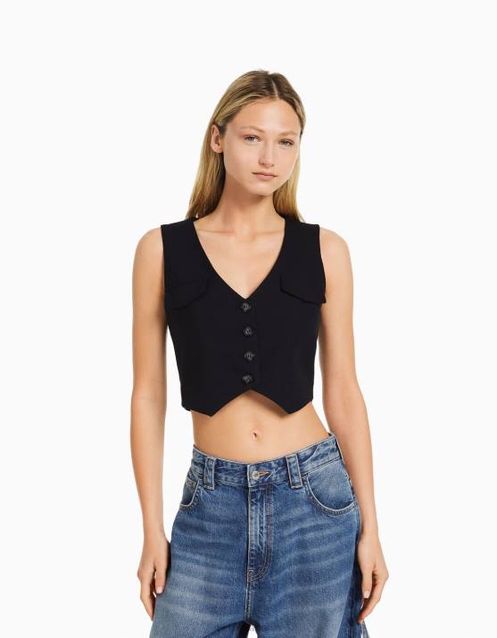 Dunkelblau Bershka Frauen maßgeschneiderte geknöpfte Weste H00J1187