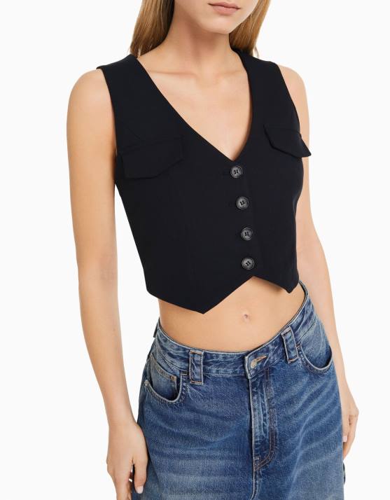 Dunkelblau Bershka Frauen maßgeschneiderte geknöpfte Weste H00J1187