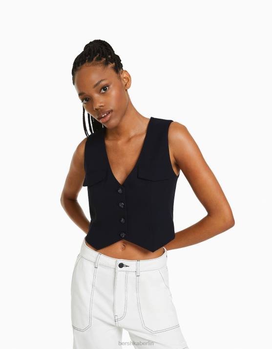 Dunkelblau Bershka Frauen maßgeschneiderte geknöpfte Weste H00J1197