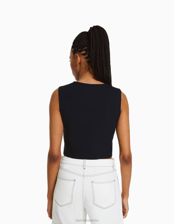 Dunkelblau Bershka Frauen maßgeschneiderte geknöpfte Weste H00J1197