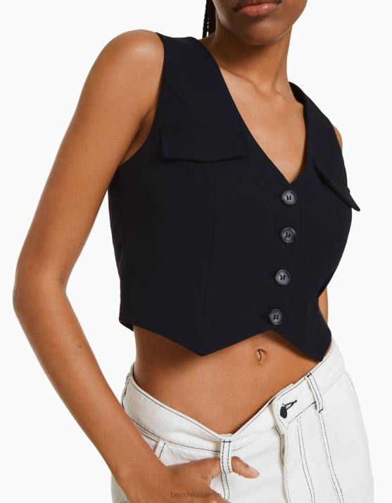 Dunkelblau Bershka Frauen maßgeschneiderte geknöpfte Weste H00J1197